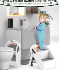 TRASSLE Toddler Step Stool for Kids Bathroom Sink Grey & White | Foldable 2 Step Stool for Kids 1-4 Years Old | Height  Child Kitchen Helper with Handles - Easy to Move, Slip-Resistant - Image 4
