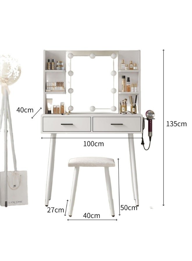 Vanity Desk, Makeup Dressing Table Vanity Bench with Mirror and Lights, Vanity Table Set with Stool, Multifunctional Dresser Cabinet with Storage Shelves and Drawers for Women Girls (SZZ014)