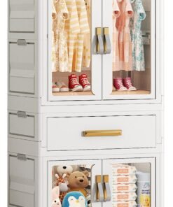 Ollieroo Plastic Modular Storage Cabinet – PP/PET/ABS Wardrobe with Drawer, Foldable Box, Hanging Rod and 6 Hangers(colors random), Lockable Swivel Wheels for Bedroom, Closet, or Living Room, 54 × 34 × 112 cm
