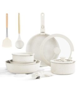 XiuWoo 17-Pieces Ceramic Nonstick Cookware Set, Pots and Pans Set Removable Handles, Induction RV Kitchen Set, Stain & Scratch-resistant, Dishwasher/Oven Safe, White