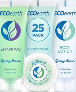 EcoEarth Hotel Toiletries Bundle (Spring Breeze, 1 oz Each, 100 Pieces) 4-Piece Set: 25 Round Bar Soap, 25 Shampoo, 25 Conditioner & 25 Body Lotion - Bulk Mini Guest Amenities
