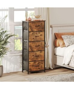 SKY-TOUCH 5 Chest of Drawers, Vertical Storage Drawers Tower Fabric Chest Dresser, Tall Organizer Dresser for Bedroom, Nursery, Closets, Sturdy Steel Frame with Wooden Top, Brown