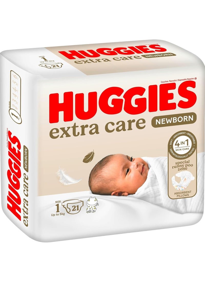 HUGGIES Extra Care Newborn, Size 1, Up to 5 kg, Carry Pack, 21 Diapers