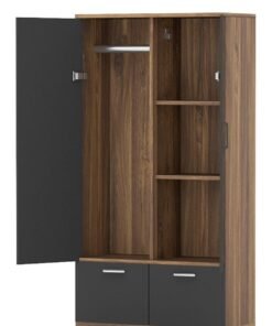 Mahmayi Wooden Wardrobe with 2 Doors, 2 Drawers, Hanging Rod and 2 Compartments, Wooden Closet Storage Cabinet for Bedroom, Living Room - Dark Hunton Oak and Lava Grey