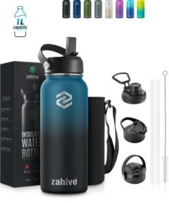 Zahive Insulated Stainless Steel Water Bottle with Straw with 3 Lids and Bag 1000 ml, Double Wall Thermos for Hot and Cold Drinks for Gym and Work, Wide Mouth, Leak Proof, 1 liter, Blue Black
