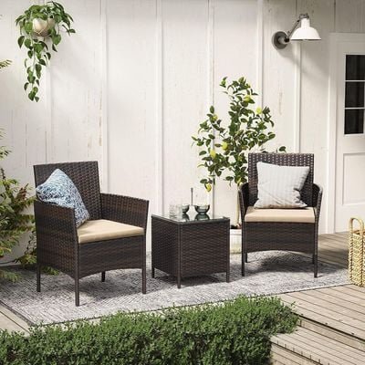 Songmics Modern Outdoor Lt Pf004 Rattan Patio Furniture Set, 2 Chair With Cushions And 1 Glass Table, Ideal For Garden, Balcony, And Office Lounge - Brown - Image 2