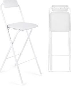 Suzile Folding Bar Stool with Backrest, Leather Padded Counter Height Foldable Stool, Portable Chairs Folding Seat Tall Bar Chairs for Outdoor Camping Kitchen Shop Cafe, White(29.5 Inch)