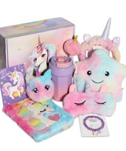 KINGMAZI Unicorns Gifts for Girls 5 6 7 8 9 10+ Years Old, Kids Unicorn Toys with Light Up Plush Star Pillow, Diary, Headband, Eye Mask, Water Bottle, Soft Plush Toys Set for Teens Birthday Gifts