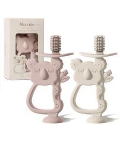 Moonkie Teething Toy Set of 2, Safe & Easy to Hold BPA Free Silicone Teethers, 360° Baby Toothbrush with Suction Base, Teether Toys Best for Babies 6-12 Months (Koala Blush/Shifting Sand)