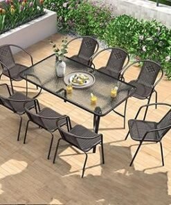 Deep Sleep Garden Dining Set 9 Piece (8 Chair and 1 Table) Outdoor Furniture Patio Dining Table and Chair Balcony Dinner Table Dinner Chair Poly Rattan Anthracite Brown