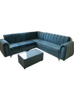 Maharat Al Bahar L Shape Velvat Sofa Set 5 Seater with Cushion & Table- Light Blue/ -250X80X80
