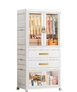 Ollieroo Plastic Modular Storage Cabinet – PP/PET/ABS Wardrobe with 2 Drawers, Foldable Box, Hanging Rod and 6 Hangers (Colors Random), Lockable Swivel Wheels, Pre-Installed Handles, and Magnetic Doors for Bedroom, Closet, or Living Room, 64 × 41 × 144.5 cm
