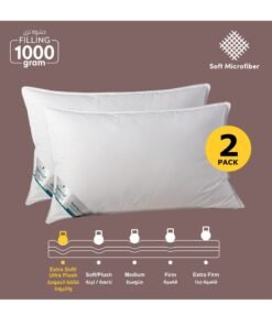 Donetella Bed Pillow, 2 Pieces, 1000 Gram Each, Size 50x75 cm, Luxury Down Alternative Filling, Soft Brushed Microfiber, Anti-Allergy, White, Pack of 2