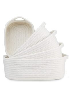MIXDE Rectangular Storage Basket-5-Piece Natural Cotton Rope Woven Organizer Basket, Dog Toy Basket, Cat Toy Box, Bathroom Organizer