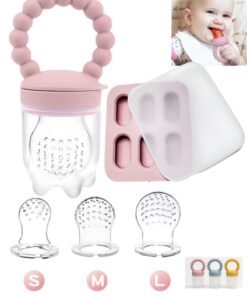TrenDxb Fresh Food Feeder & Teether, BPA-Free Pacifier with Freezer Tray, 3 Replacement Pouches & Popsicle Molds , 6 Months and Above .(Pink).