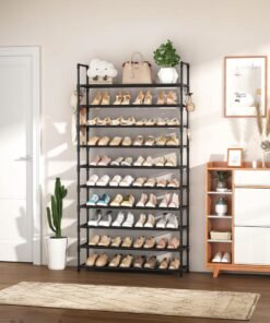 Nooriya 10-Tier Shoe Rack - Large Capacity 50 Pair Organizer with Two Hooks - Sturdy Metal Shoe Shelf for Entryway, Closet, Bedroom