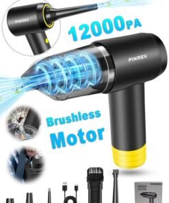 PINREK Car Vacuum Cleaner Cordless and Air Duster ,Air Blow Powerful brushless motor 12000PA Handheld Vacuum With 4000 mAh battery and safety hammer,  Portable Multi-Nozzles for Car, Keyboard, Home, Office, Kitchen