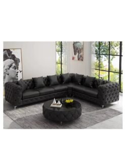 Maharat Al Bahar Maharat Furniture Black Velvet L-Shaped Chesterfield Sofa Set – Luxury 6-Seater Living Room Sofa with Golden Legs – Traditional Elegant Design