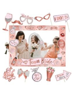 Hen Party Decoration-25Pcs Photo Booth Props,Rose Gold Team Bride and Groom Selfie Props Paper Photo Frame Hen Party Accessories for Wedding Engagement Bridal Shower Bachelorette Hen Do Party Games