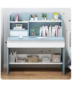 Kids Study Desk, Wooden Students Writting Table with Bookshelf and Storage Cabinet, Computer Table Office Desktop with Documents Storage Shelving Rack for Home Writting Reading and Office PC Notebook Working (Blue, YN118)