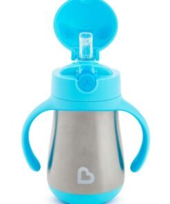 Munchkin Stainless Steel Insulated Double Walled Straw Cup 8 Oz, Cool Cat Design, Keeps Drink Cool For Up To 15 Hours, Blue