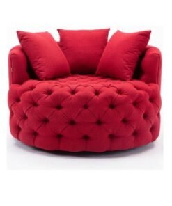 Wooden Twist Barrel Button Tufted Design Modern Round Sofa For Living Room with 3 Pillows ( Red )