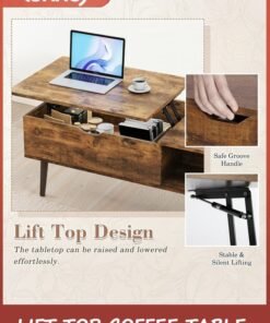 LENND Wooden Coffee Table, Lift Top Coffee Table with Large Hidden Compartment and Ample Storage Shelf, Lift Tabletop Dining Table for Living Room, Home Small Space, Rustic - Image 3