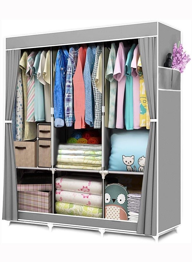 Wardrobe Portable Wardrobe,Canvas Wardrobe,Clothes Closet Storage Organizer with 3 Hanging Rail and Side Pockets,Fabric Wardrobes for Bedroom Clothing