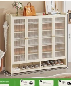 keke Spacious 8 Tier 4 Door Shoe Cabinet with Clear Ribbed Panels & Open Base Beige 120x32x107cm