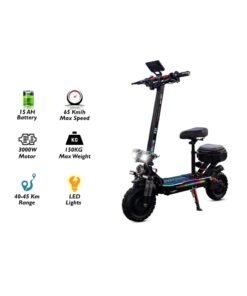 Mytoys High Speed Adult Electric Scooter With 3000W Dual Brushless Motor up to 65km/H Speed, 45 Km Range, 48V15Ah Battery, LED Screen Display, Foldable, Dual Front and Rear Shock Absorber With Bluetooth Speaker, 11" Off Road Tires LED Lights, Turn Signals, Rear Storage Box With LED Lights and Colorful LED light standing Deck â€“ MT400