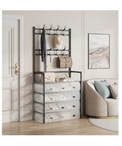 5-layer shoe and hat rack with drawer, black steel pipe, white storage drawer