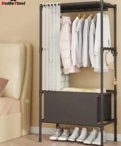RollsTimi  Metal Coat Rack Freestanding with Curtain Modern Garment Rack Closet Organizer with Hanging Rod and Shelves for Bedroom,Black