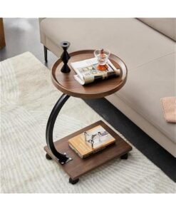 MIXDE Sofa End Table, Narrow Side Table C Shaped Sofa Side Table with Metal Frame, Coffee Snack Couch Table for Living Room, Bedroom, Bedside (Round)