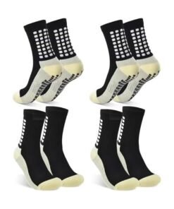 GIFT 4 Pairs Grip Socks Football For Kids Men Adult White Black Football Grip Socks Size 6-11 Running Sports Soccer Non Slip Socks With Rubber Dots, 4xBlack