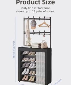 6-Tier Shoe Rack Shoe Cabinet with Hooks, Entryway Shoe Organizer with Hanging Rod & Dustproof Curtain, Vertical Shoe Storage Cabinet with Top Shelf, Multi-Layer Shoe Rack for Entryway, Hallway & Bedroom - Image 3