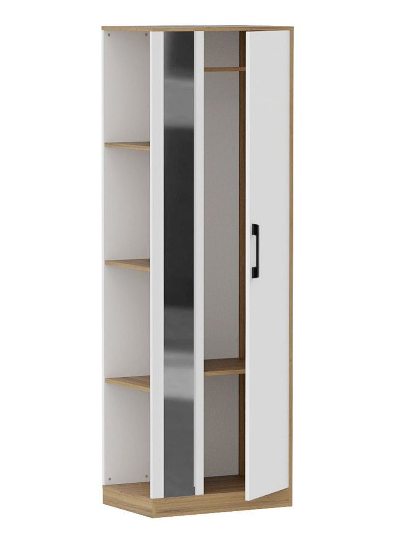 Mahmayi Modern Single Door Wardrobe with 3 Open Side Shelves, Mirror and Hanging Rods Efficient Storage for Home, Bedroom Cognac Brown Sherman Oak