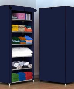 BONTEC Portable Collapsible Wardrobe for Clothes Storage – Foldable Cloth Organizer Cupboard with Shelves for Bedroom & Home (Durable, Space Saving Design) (Navy Blue)