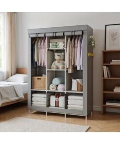 Portable wardrobe organizer with 6 storage shelves, 2 hanging sections, and 4 side pockets