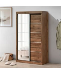 DANUBE HOME Supreme New 2Door Compact Sliding Door Wardrobe With Mirrors | Sturdy Closet Clothes Storage Cupboard | Modern Design Space Saving Cabinet For Bedroom L121xW57.5xH210cm-Light Walnut