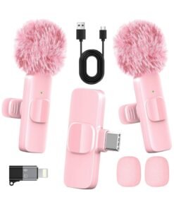 INSIJAM Pink Wireless Lavalier Microphone for iPhone and Android - Mini Clip-On Mic with Noise Cancellation 65ft Range 8H Battery USB-C/Lightning - for TikTok YouTube Podcast Live Streaming