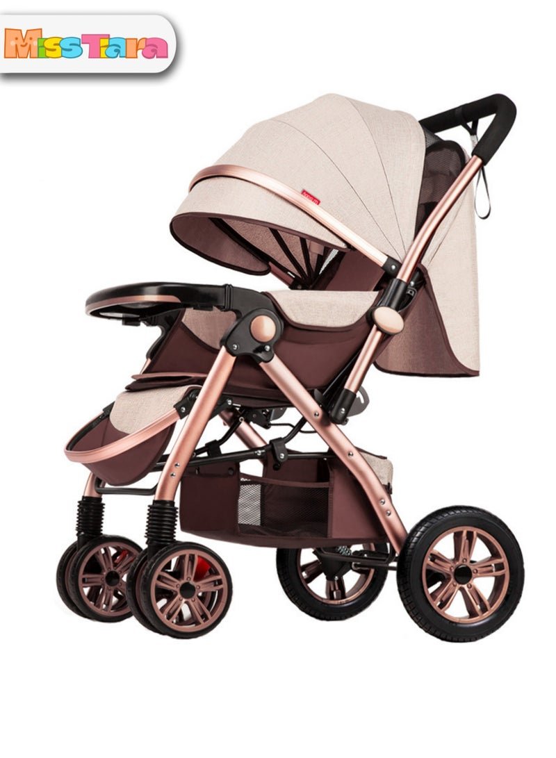 MissTiara Baby Stroller with High View Double Push Rod Cans Sit and Lie Down Lightweight Foldable Four-wheel Rubber Strong Shock Absorption Large Space Durable Suitable for Baby 0-3 Years Old Travel Strollers