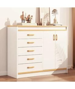 Chest of Drawers, Wooden Storage Cabinet with 5 Drawers and 2 Doors for Household Items and kitchenware, Modern Drawer Storage Cabinet for Living Room Dining Room and Bedroom(White,DG100)