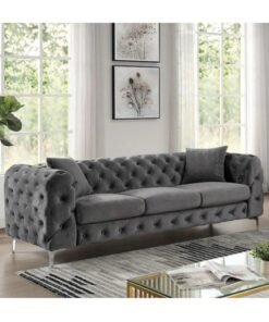 Wooden Twist Modern Elegant Button Tufted Design 3 Seater Sofa with Comfortable Cushions ( Grey )