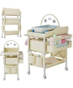 WALALLA Portable Baby Changing Table with Wheels Modern Dresser Changing Tables with Hanging Toys, Laundry Bag, Changing Table Organizer Boxes  Folding Waterproof Baby Diaper Changing Station for Nursery