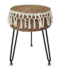 FFD Handwoven Natural Dark Brown Seagrass Footstool - 32x45cm Round Ottoman Pouf with Metal Legs - Versatile Vanity Stool for Living Room, Bedroom, Balcony