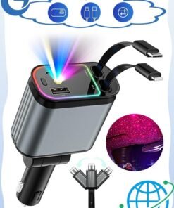 Gecomo Car Charger with Starlight, 120W Fast Car Chargers Adapter, 4 in 1 Retractable Car Charger with 2 USB Ports, Universal Compatibility for All Devices