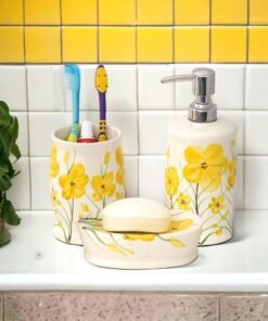 The Transit Story Premium Ceramic Bathroom Accessories Set of 3 | Modern Hand-Painted Bath Set with 300ml Soap Dispenser, Toothbrush Holder & Soap Dish | Bathroom Items | White & Yellow Floral Pattern