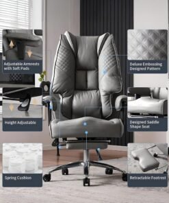 DROGO Monarch Pro Ergonomic Executive Office Chair for Work from Home, PU Leather Computer Chair for Study with High Back, Cushion Seat, Adjustable Armrest, Head & Lumbar Support | Gaming Chair with Footrest & Recline Grey