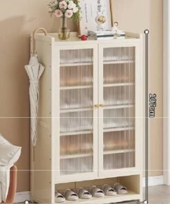 KLNAMAEAAN Modern 8 Tier 3 Door Shoe Cabinet with Transparent Doors & Open Bottom Beige 90x32x107cm