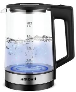 AMROAH 2.0L Glass Electric Kettle with Blue Indicator Light 1500W, 360° Rotating Base, Stainless Steel & Borosilicate Fast Boiling Capacity Hot Water Boiler Easy Cleaning with Water Level Gauge